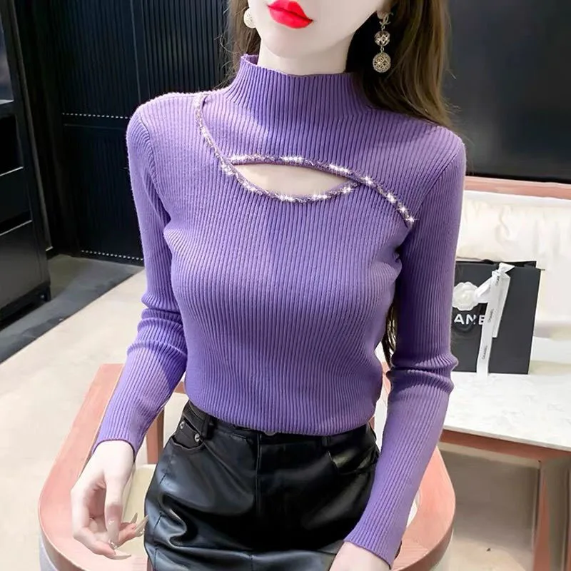 Women Clothing Fashion Elegant Long Sleeve Sweater Autumn Winter Hollow Out Half Turtleneck Pullover Lady Casual Dignified Top