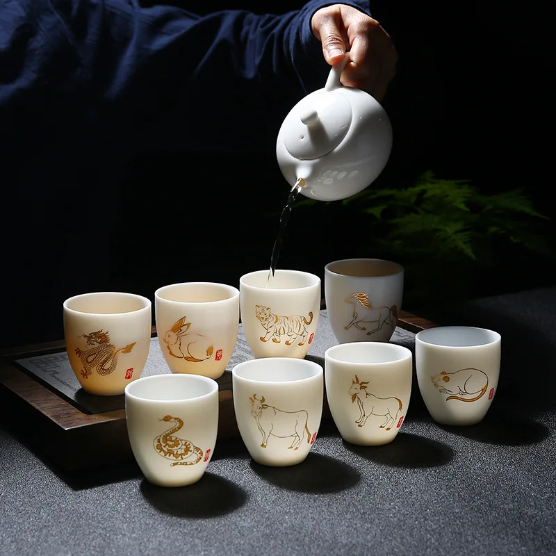 New Suet Jade Ceramic Tea Cup Zodiac Tiger Cup Master Cup White Porcelain Tea Set Household Boutique Tea Bowl Drinkware
