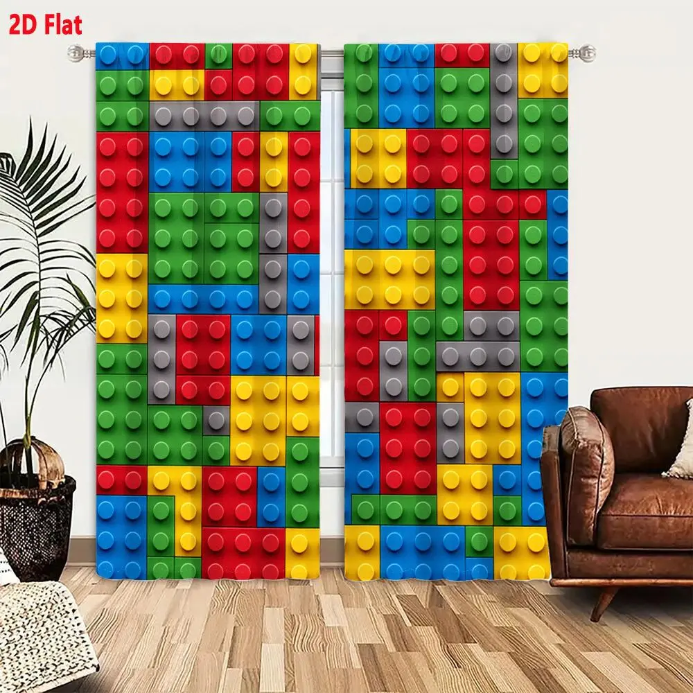 2Pcs Curtains 2D Flat Colorful Interlocking Plastic Building Blocks Mosaic Grid With Red Blue Green Yellow And Gray Studs Window
