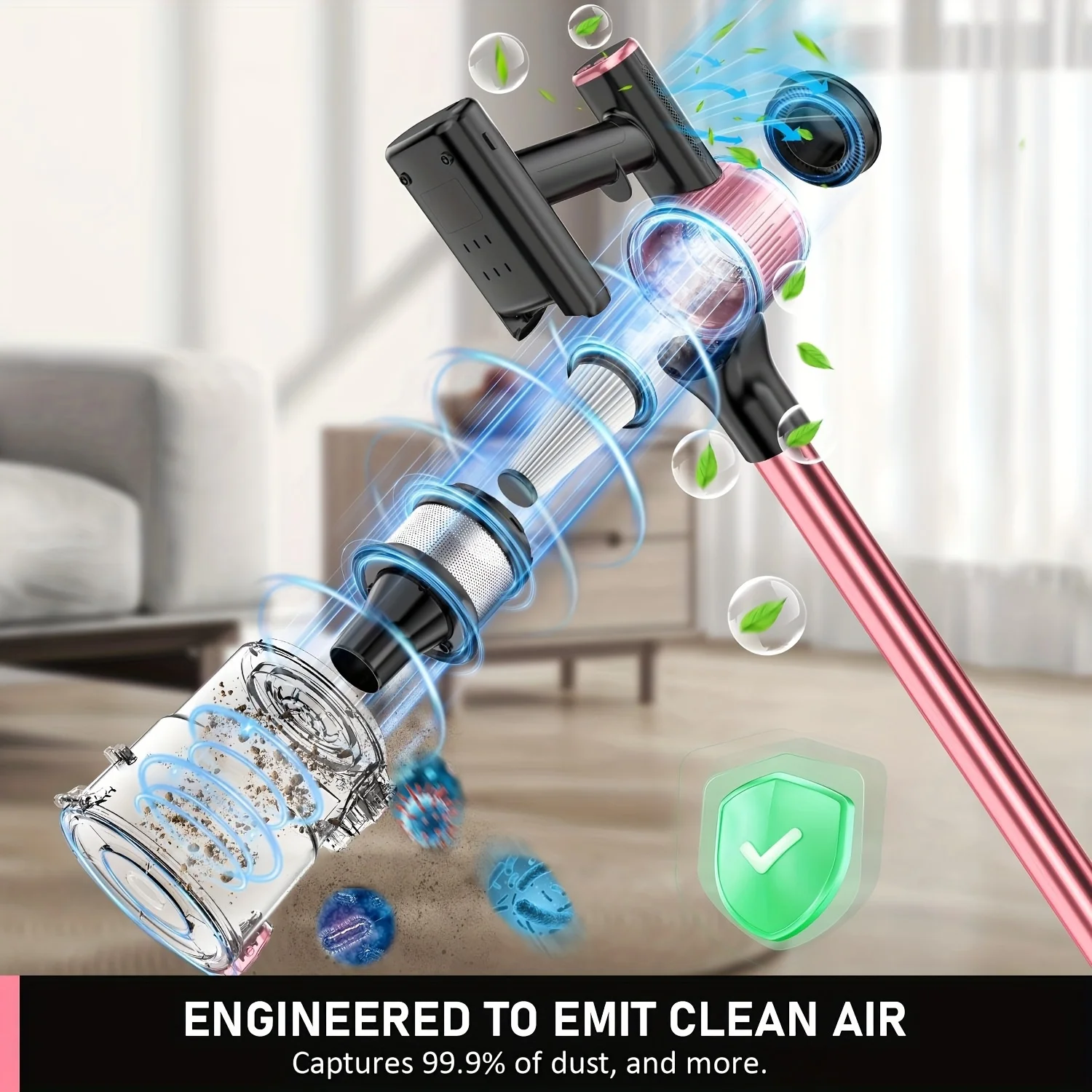 Cordless Vacuum Cleaner, 8 in 1/55Kpa Powerful Suction Lightweight stick vacuum for Home，LED Display, 3 Suction Modes, Upgraded Anti-Tangle Brush and Green Light ，45Mins Detachable Battery Vacuum for Hard Floor Carpet Pet Hair, Pink