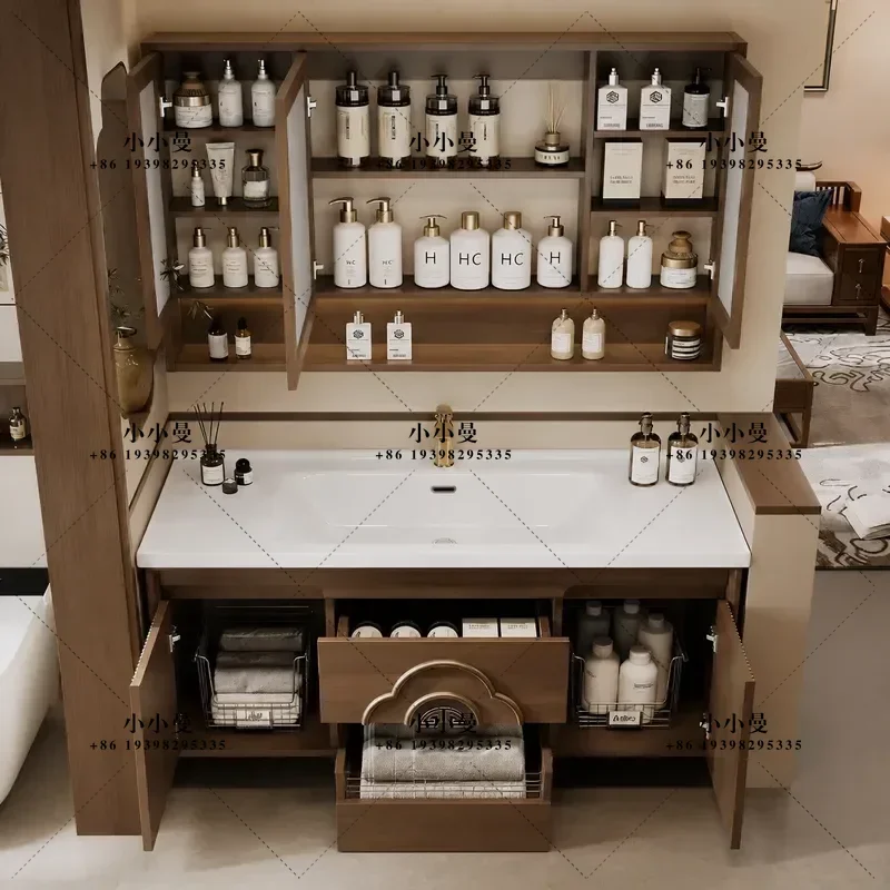 Medieval Oak Bathroom Cabinet with Integrated Smart Ceramic Washbasin Modern Vanity Unit Sink Combo for Home Bath Room Decor