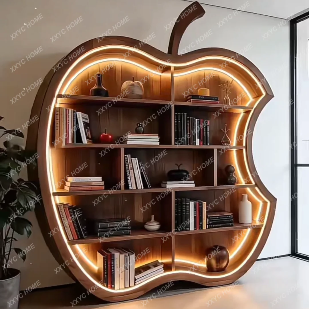 Solid wood apple shape bookcase background wall floor-to-ceiling whole wall bookshelf high-end display cabinet