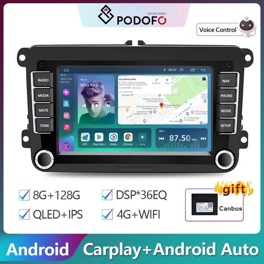 Podofo 4G Carplay Android 10.0 2Din Car Multimedia Player For VW/Golf/Polo/Tiguan/Passat/b7/b6/SEAT/leon/Skoda/Octavia Radio