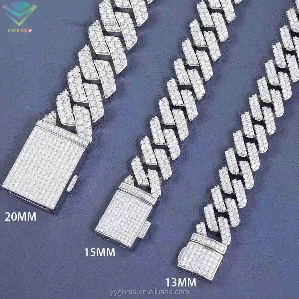 Fashion 8mm 10mm 12mm 15mm Hiphop Jewelry 2rows Cuban Chain 100% Pass Diamond test S925 Silver with Vvs Moissanite Mens Cuban Li