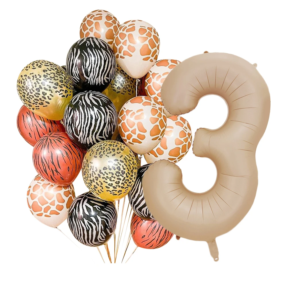 1set Wild Animal Deer Leopard Pattern Balloon Set with Vintage Number Balloon for Kids Jungle Safari Birthday Party Decorations