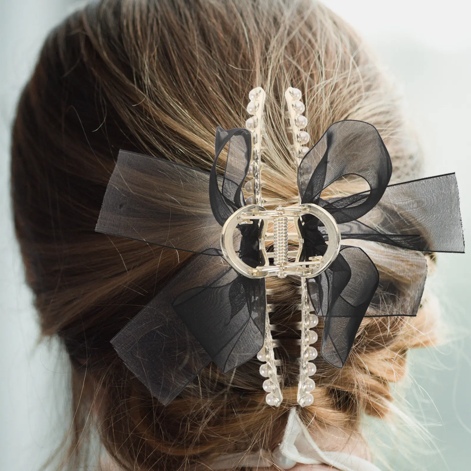 

Большая элегантная заколка-краб для волос с искусственным жемчугом и бантом, черная, для причесок-пучков и хвостов, женские аксессуары для волос