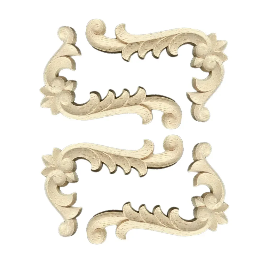 4PCS 14cm Woodcarving Corner Decal Wood Figurines Crafts Corner Appliques Frame Door Furniture Woodcarving Decorative Home Decor
