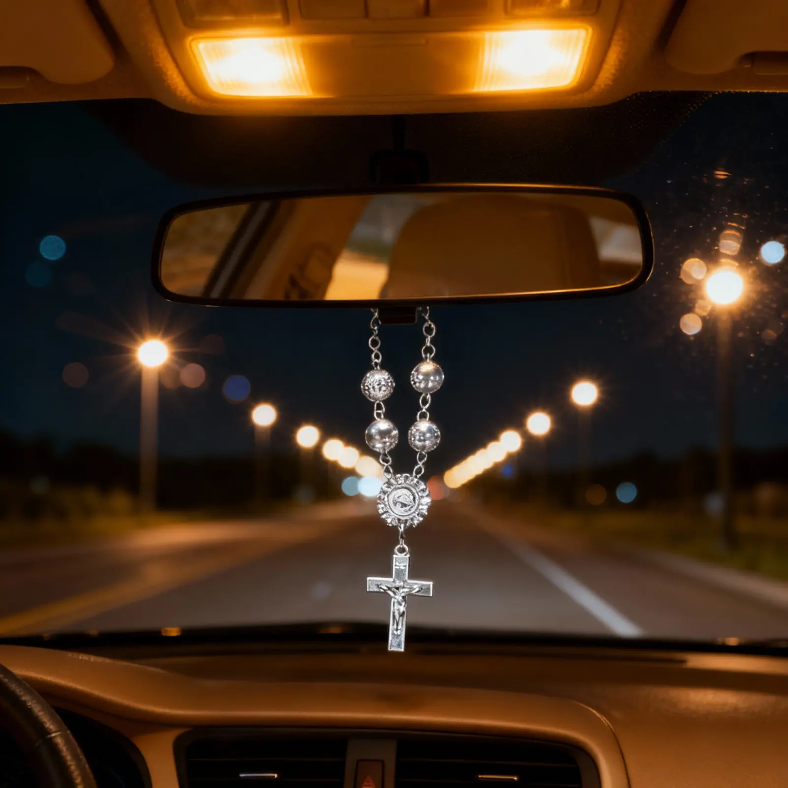 Car Rosary Bracelet Hanging Accessory Alloy Unique Cross Pendant Rearview Mirror Charm Decoration for Car Interior Universal Fit