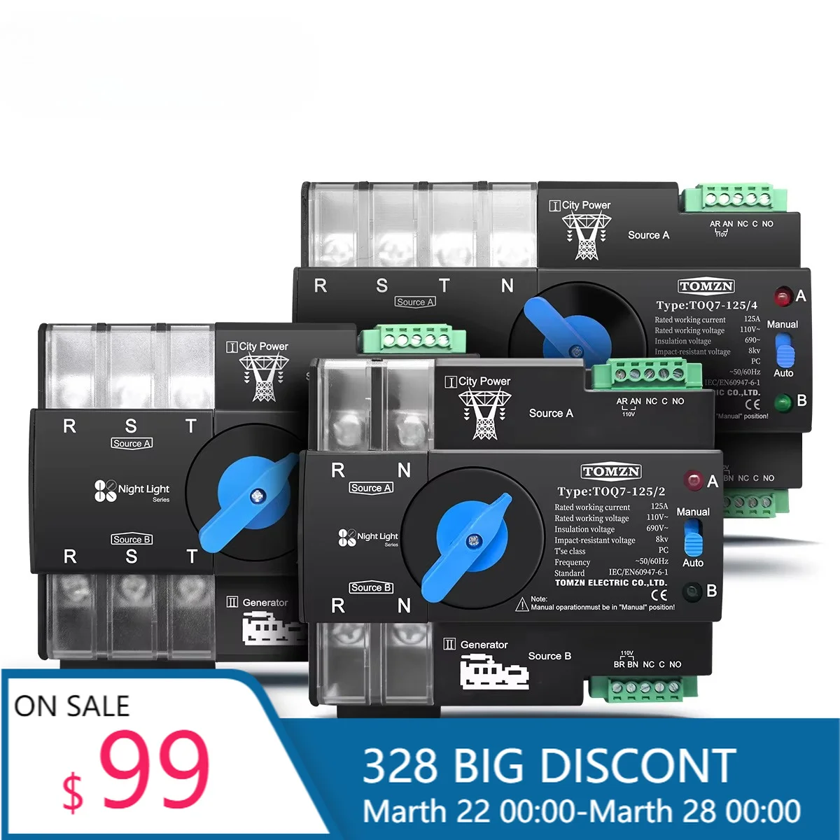 TOQ7 110V Three Phase Dual Power Selector Switch TOMZN 2P 3P 4P 63A 100A 125A Din Rail Uninterrupted ATS
