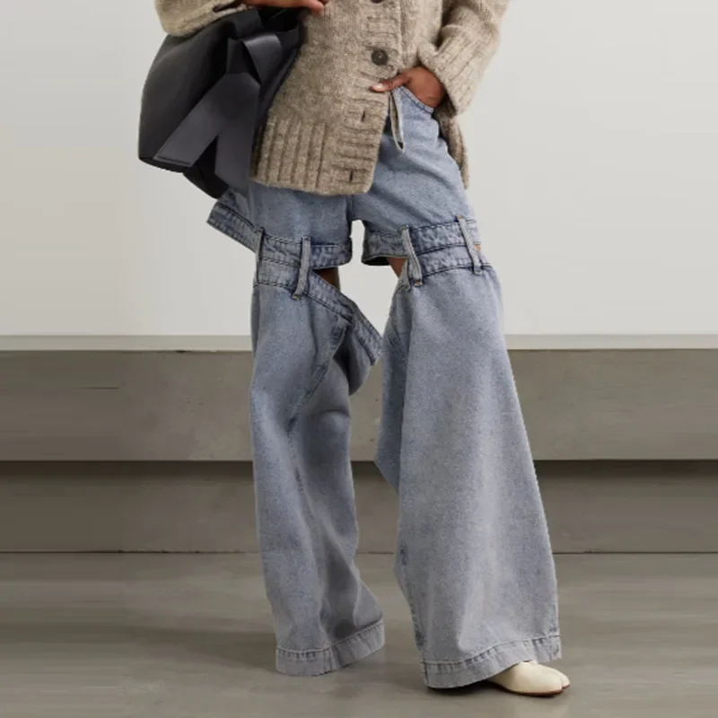 Blue Denim Jeans Women Pant Sexy Split Female Pockets Business Work Wear 1 Pair High Waist Wide Leg Trouser Casual Hot Girl Wear