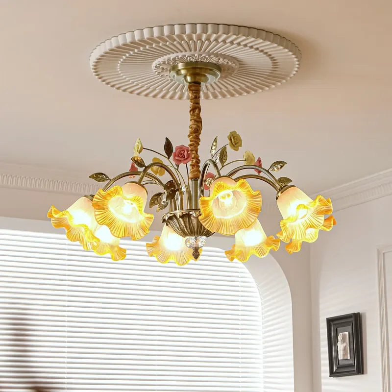 for American Living Room Chandelier Retro Flower Glass Warm Princess Style Main Light for Dining Room Cloakroom Idyllic Style