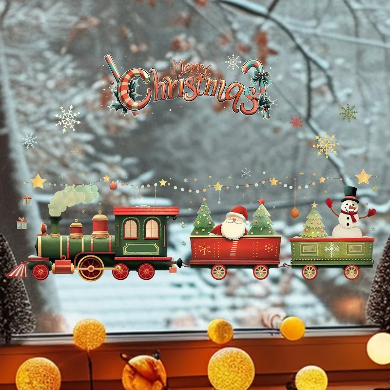Santa Train Christmas Wall Stickers Removable Self-Adhesive For Kids Room Restaurant Shop Decor