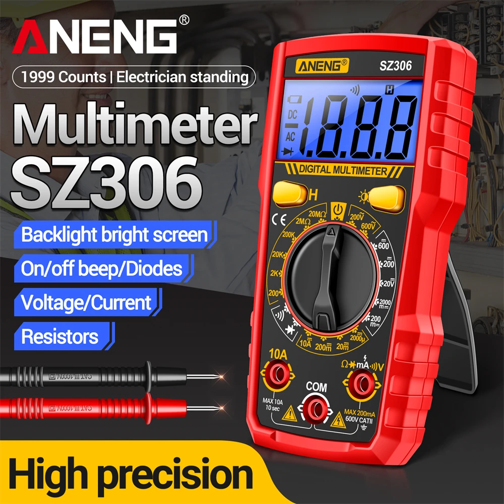 

Digital Multimeter Tester ANENG SZ306 1999 Counts 600V AC/DC Voltage Diode Test Current Meter Buzzer Ohm Test electrician tools