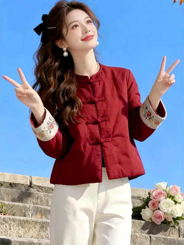 

New Chinese Sle High-End Cotton Jaet Women's Retro Embroidery Sve Button Stand Collar Coat Loose Fit Long Sve Thi...