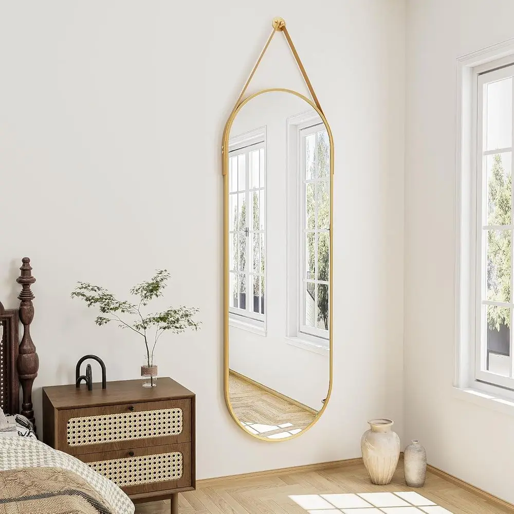

Gold Oval Wall-Mounted Hanging Mirror with Leather Strap for Bathroom, Vanity, Living Room, Bedroom, and Entryway Decor