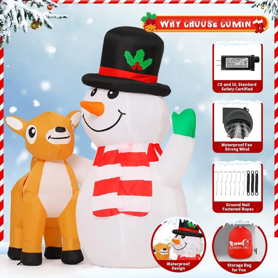 5.2ft Christmas Snowman Inflatables Outdoor Decorations, Blow Up Snowman Reindeer Inflatable with Built-in LEDs for Christ