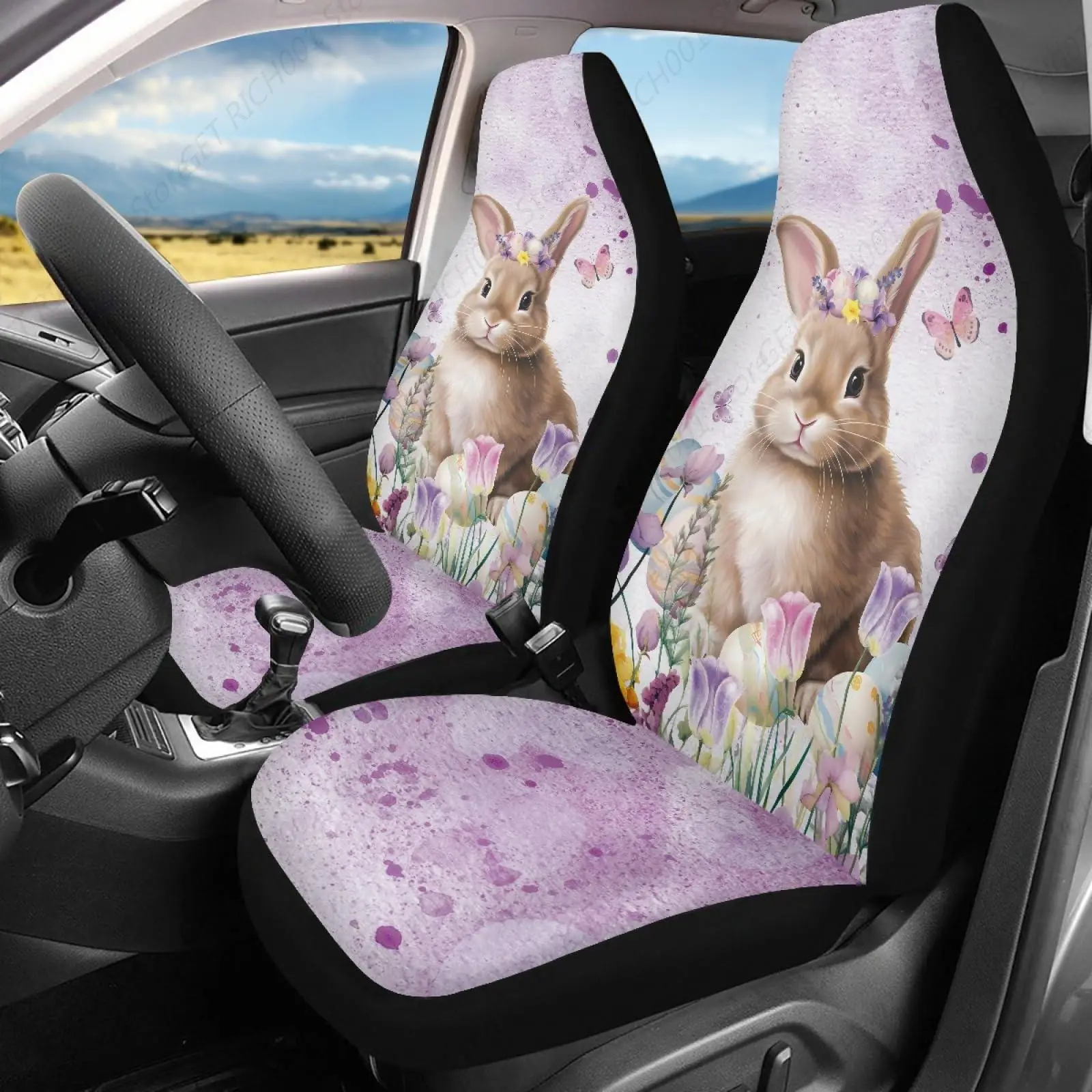 Easter Bunny Print Car Seat Covers for Women Easter Theme Car Accessories Front Seat Protector Universal Seat Cover