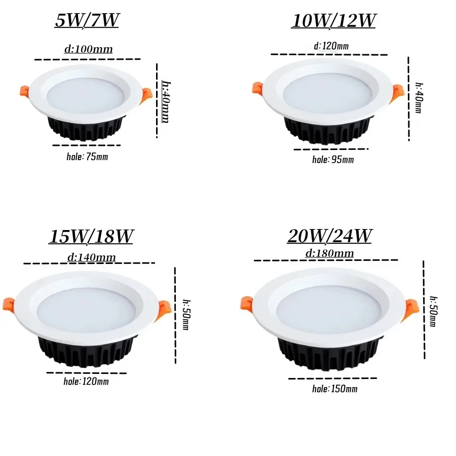 Przyciemniane oświetlenie LED typu Downlight wpuszczone W sufit Led Spot 5W 7W 10W 15W 18W 20W 24W AC100V AC220V lampa sufitowa oświetlenie wewnętrzne