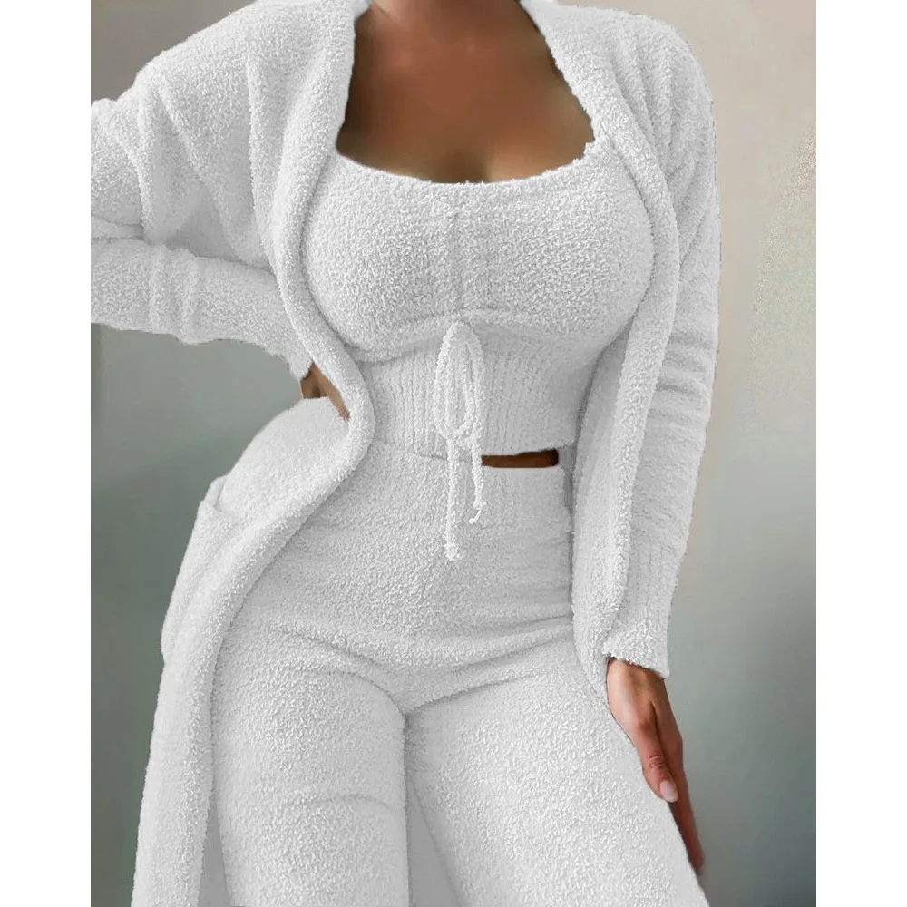 Pajama Woman Winter  Fluffy Pajamas Set for Women Casual Solid Sleepwear 3 Pieces Suit Long Pants Homewear Pijama