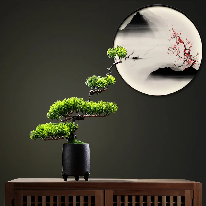 

New Chinese style simulated welcome pine bonsai model room living room entrance restaurant vase potted plant creative ornament