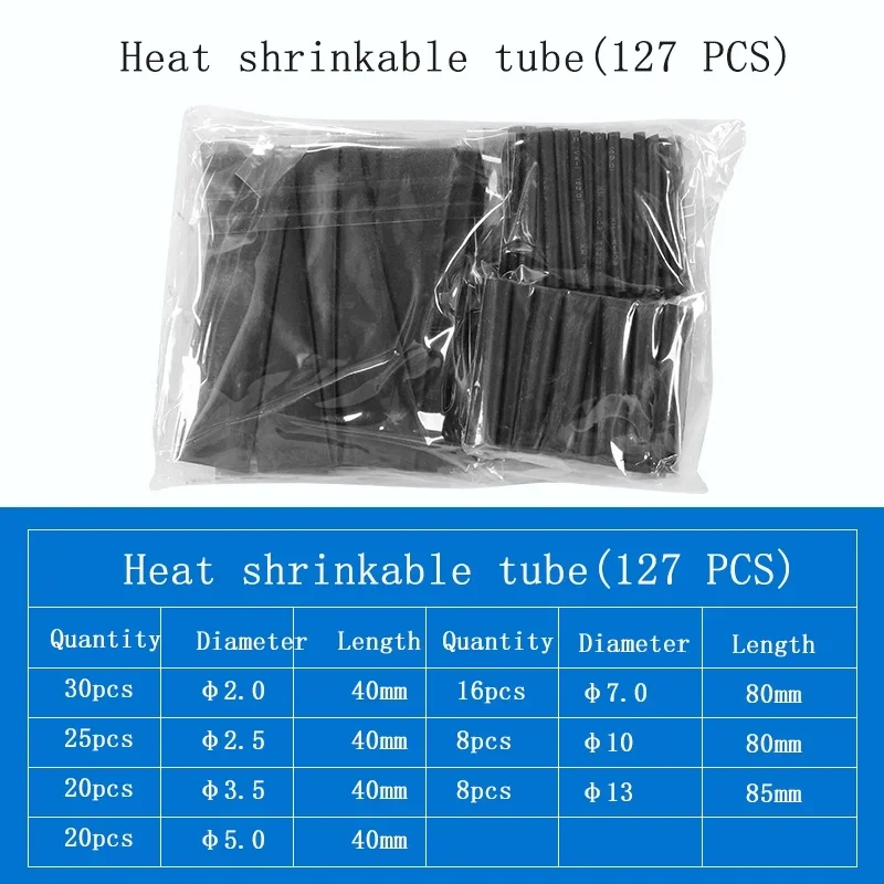 127Pcs 7 Sizes Heat Shrink Tubing Set Ratio 2:1 Electrical Wire Cable Wrap Assortment Insulation Protection Tube