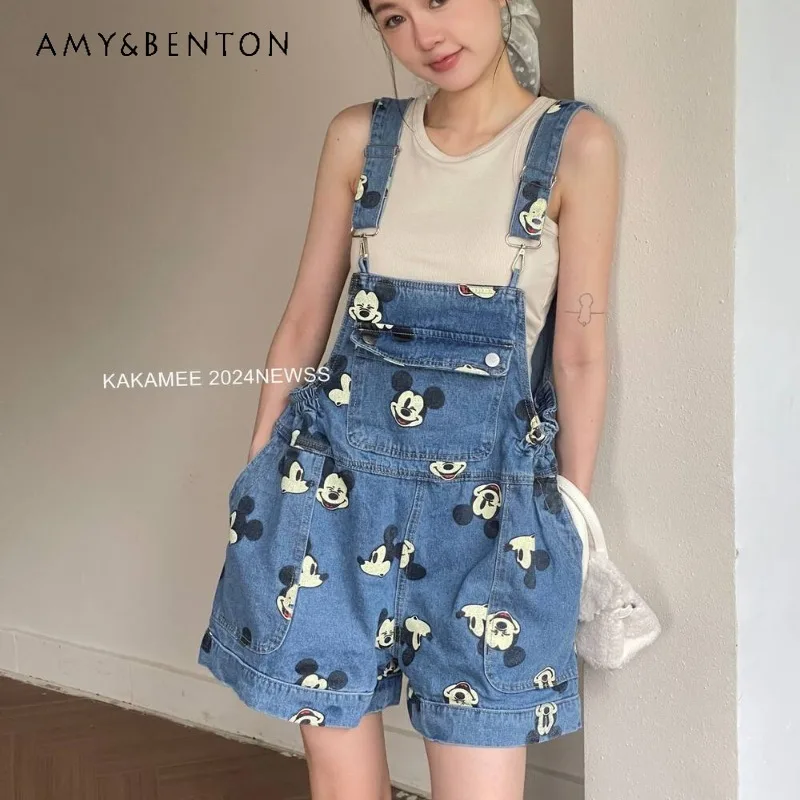 Young Cartoon Full Printed Denim Jumpsuit Women's Clothes 2024 Summer New American Style Loose Fashion Casual Jeans Short Pants