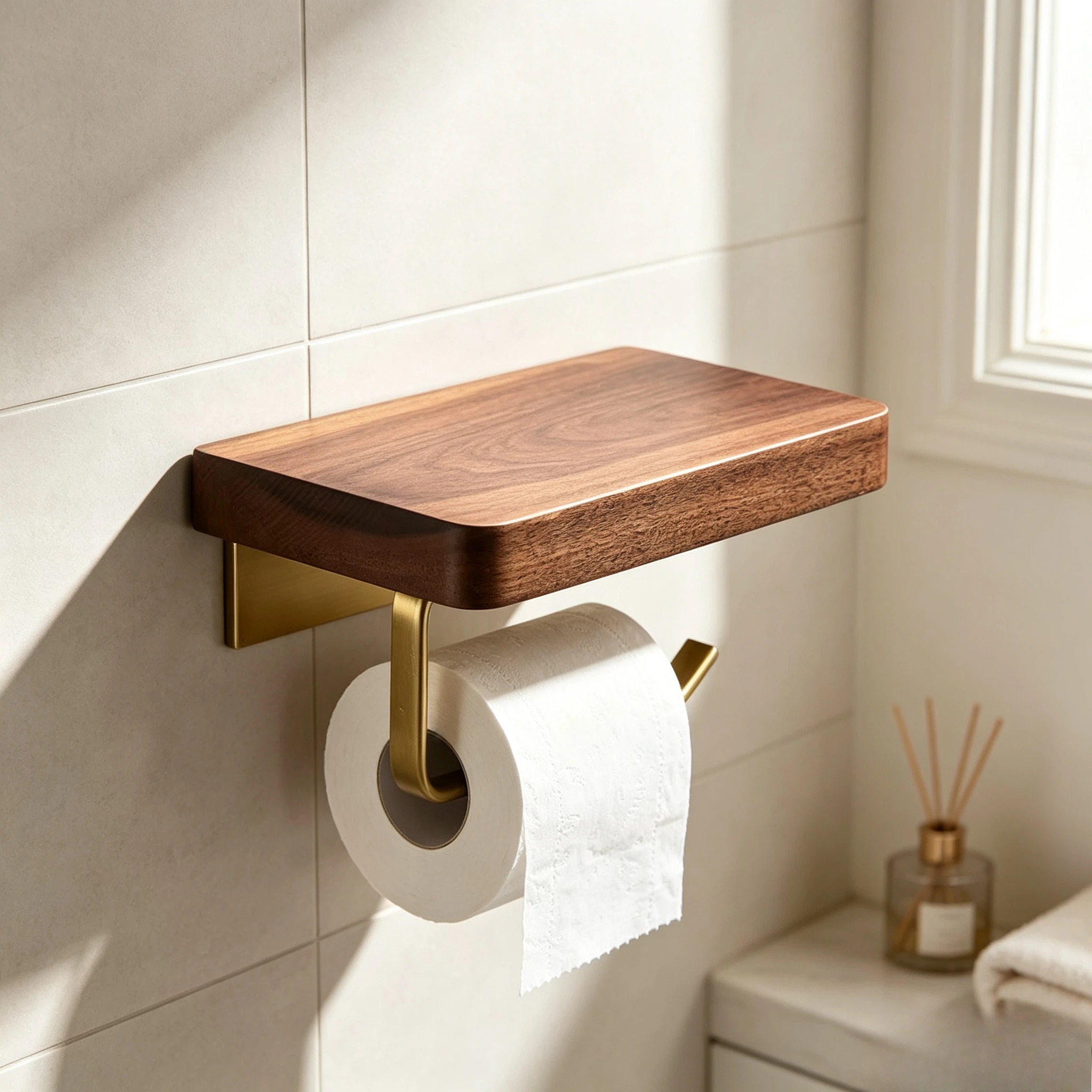 Walnut Punch-Free Toilet Paper Holder Bathroom Wall Mount Tissue Storage Shelf, Customized