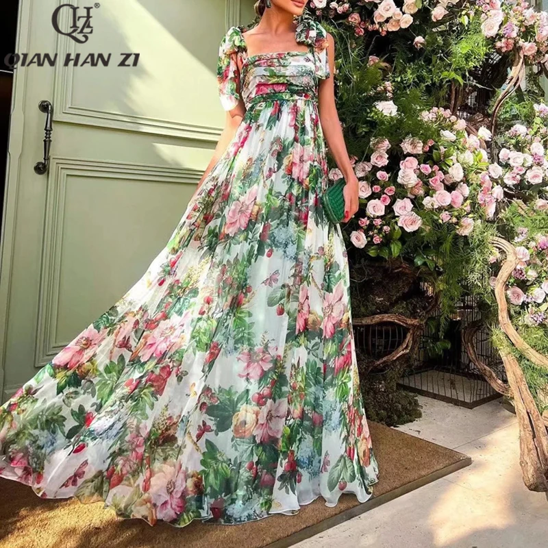 

QHZ Designer Fashion Summer Spaghetti Strap Long Dress for women vintage bohemia amazing floral print Slim holiday maxi dress