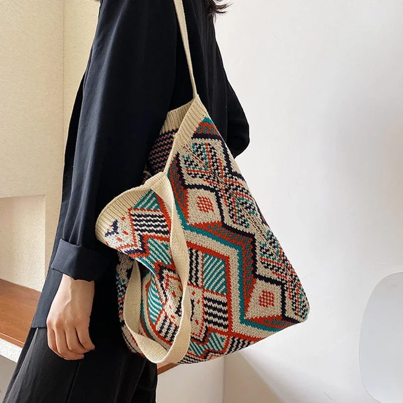 Lady Knitting Gypsy Bohemian Boho Chic Aztec Tote Bag Women Crochet Casual Open Shopper Top-handle Bag 2025 Female Daily Handbag