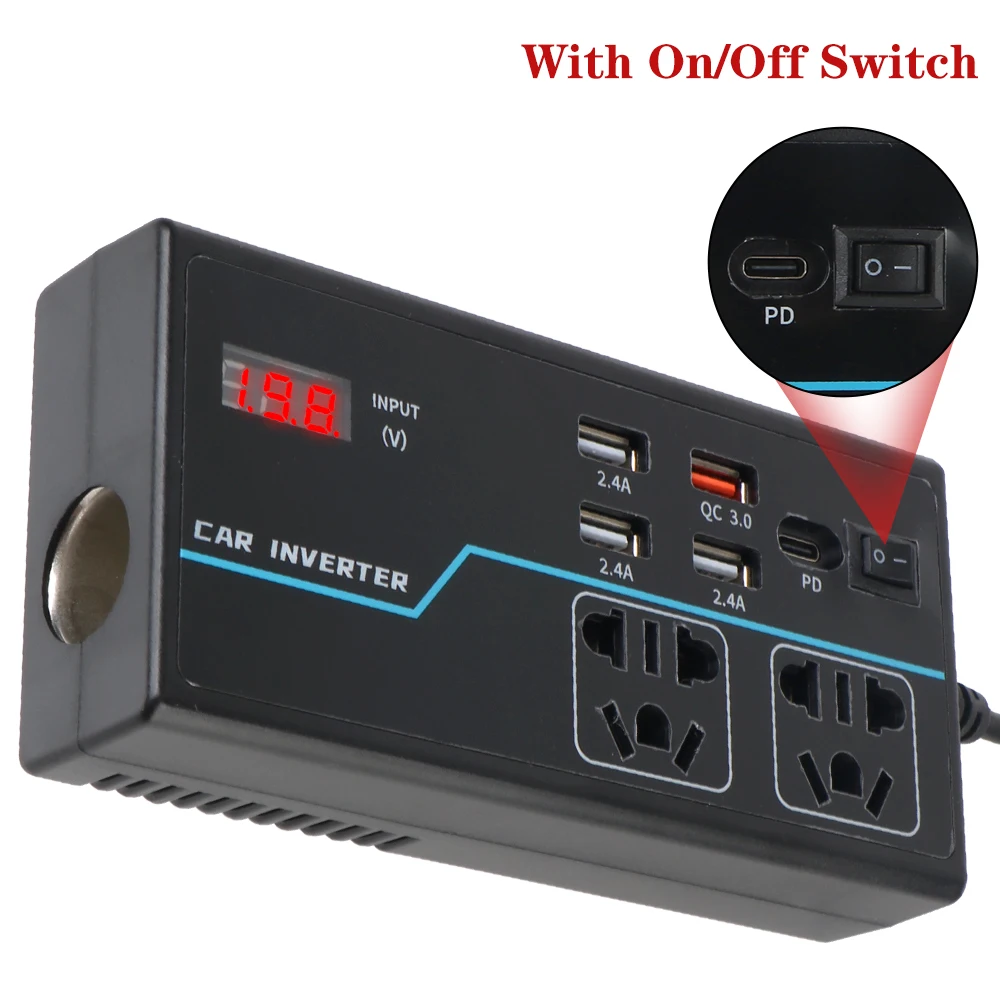 8 Ports Sockets USB/PD/Type-C Chargers DC 12V/24V to AC 110V/220V Converter 200W Car Inverter Overload Protection Power Adapter