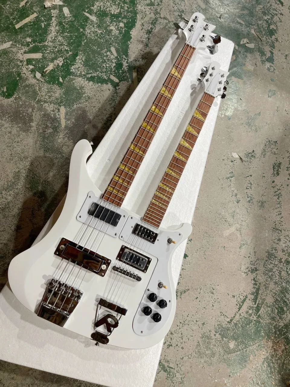 Factory Custom 6+4 Strings White body Double Neck Electric bass Guitar ,Chrome hardware,Provide customized service