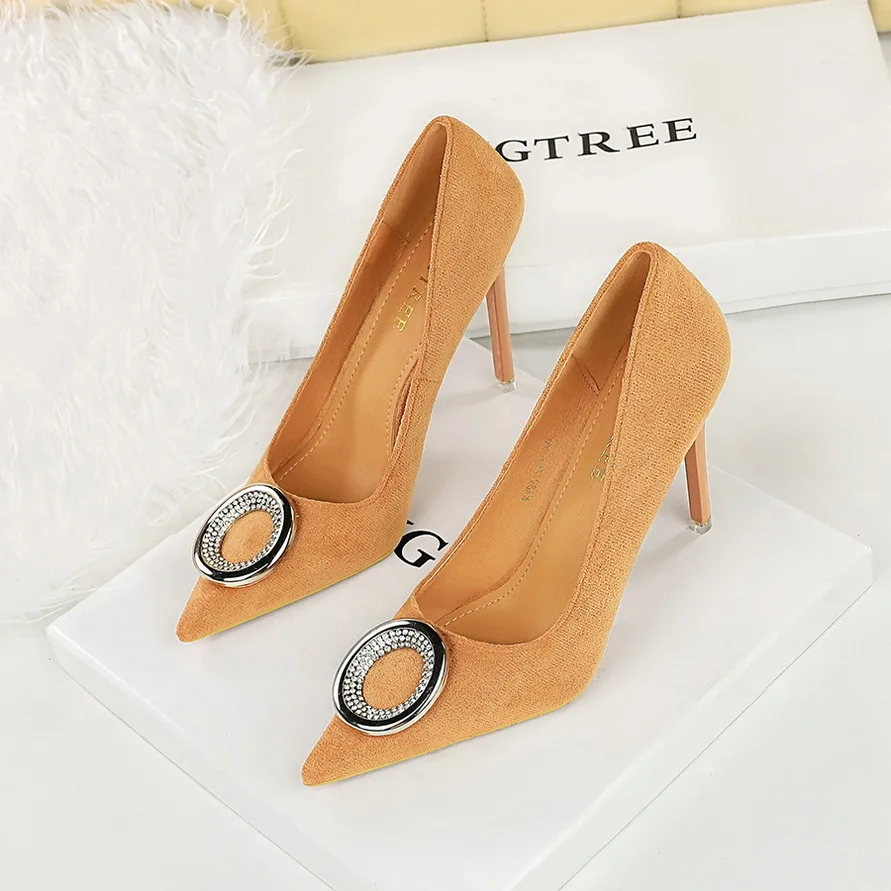 

Women's Pumps Shoes Banquet With Foot Repair Slimming Effect Super Heels Suede Shallow Mouth Pointed Metal Rhinestone Shoese