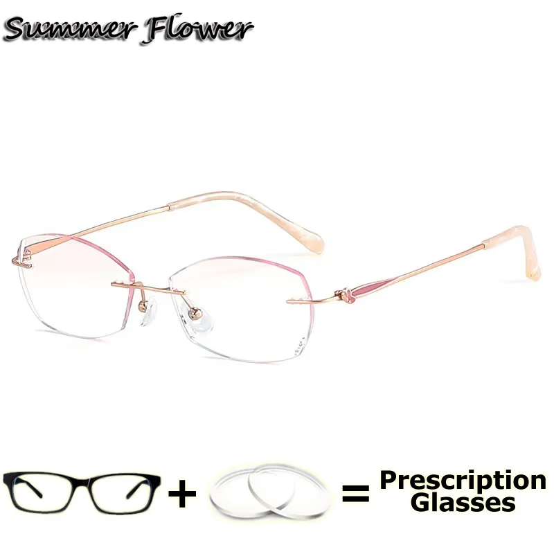 Picture 7: Customize Reading Glasses High End Titanium Rimless Frame Gradient Pink Lenses Prescription Anti Blue Ray Myopia Optical Glasses