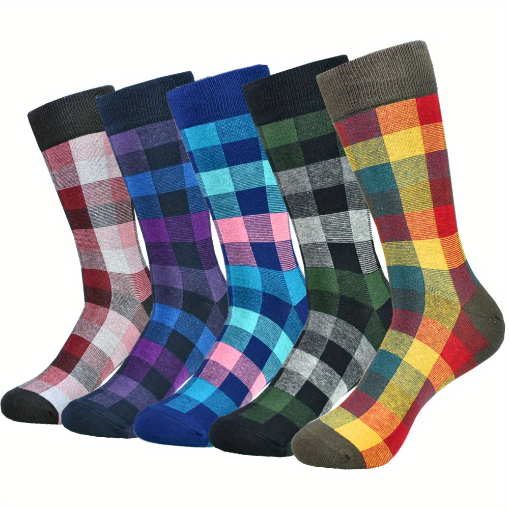 5pairs/set Men\'s Cotton Breathable Colorblock Plaid Crew Socks Casual Socks For All Seasons