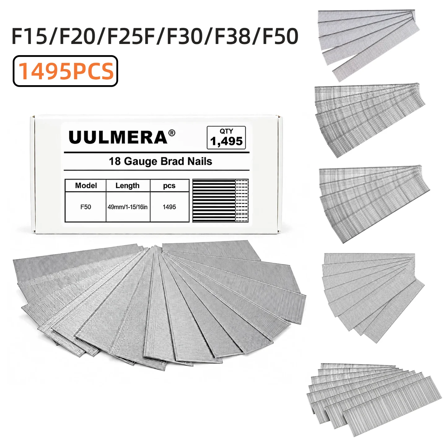 1495PCS 18 Gauge Brad Nails,  F15/F20/F25/F30/F38/F50 Galvanized Nail Gun Nails for Pneumatic, Electric Brad Nailer Gun