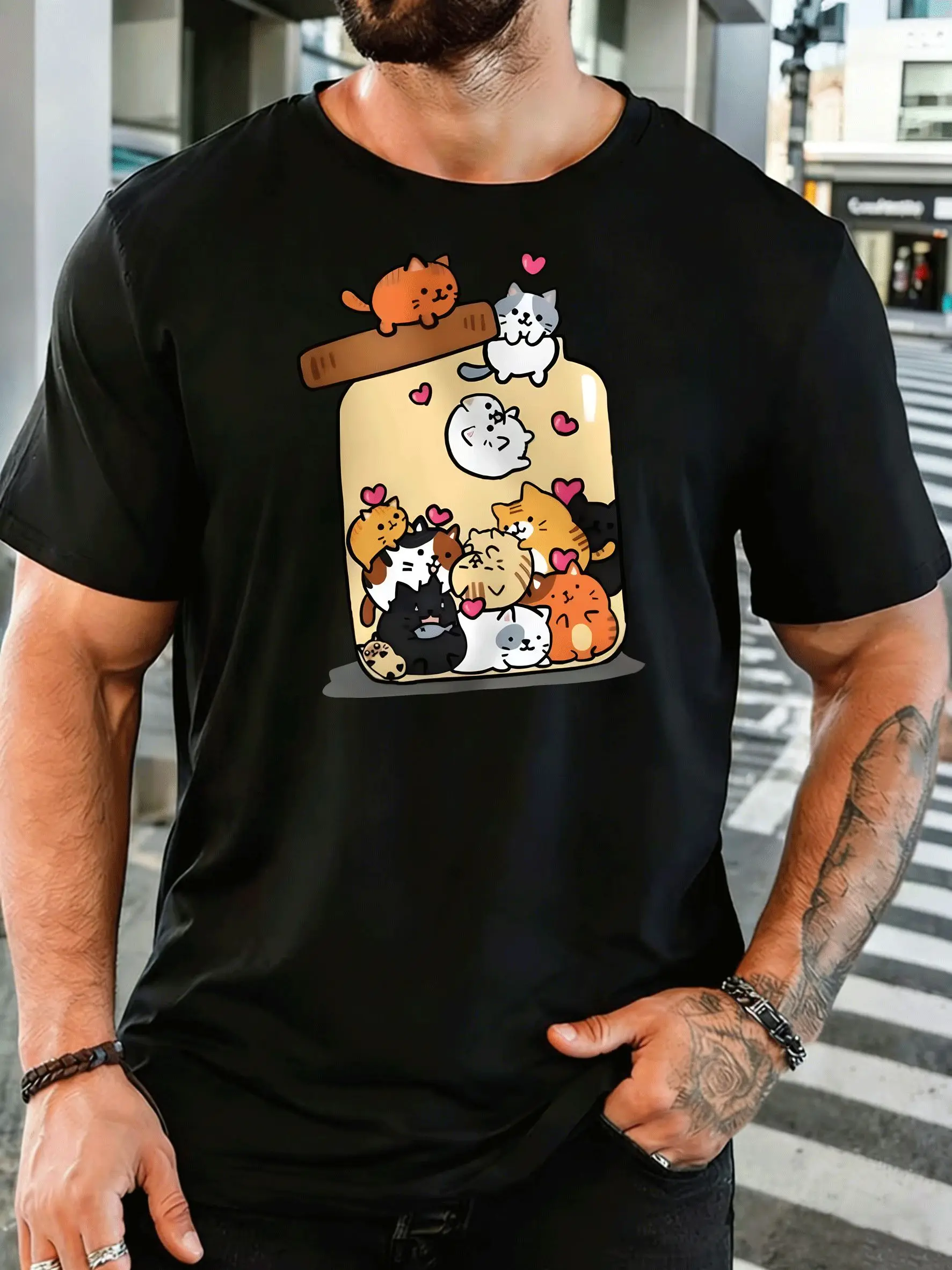 Cute Kittens In Glass Jar Mens Front Print T Shirt Lovely Cat Heart Cartoon Graphic Tee Casual Short Sleeve Top Cat Lover Gift