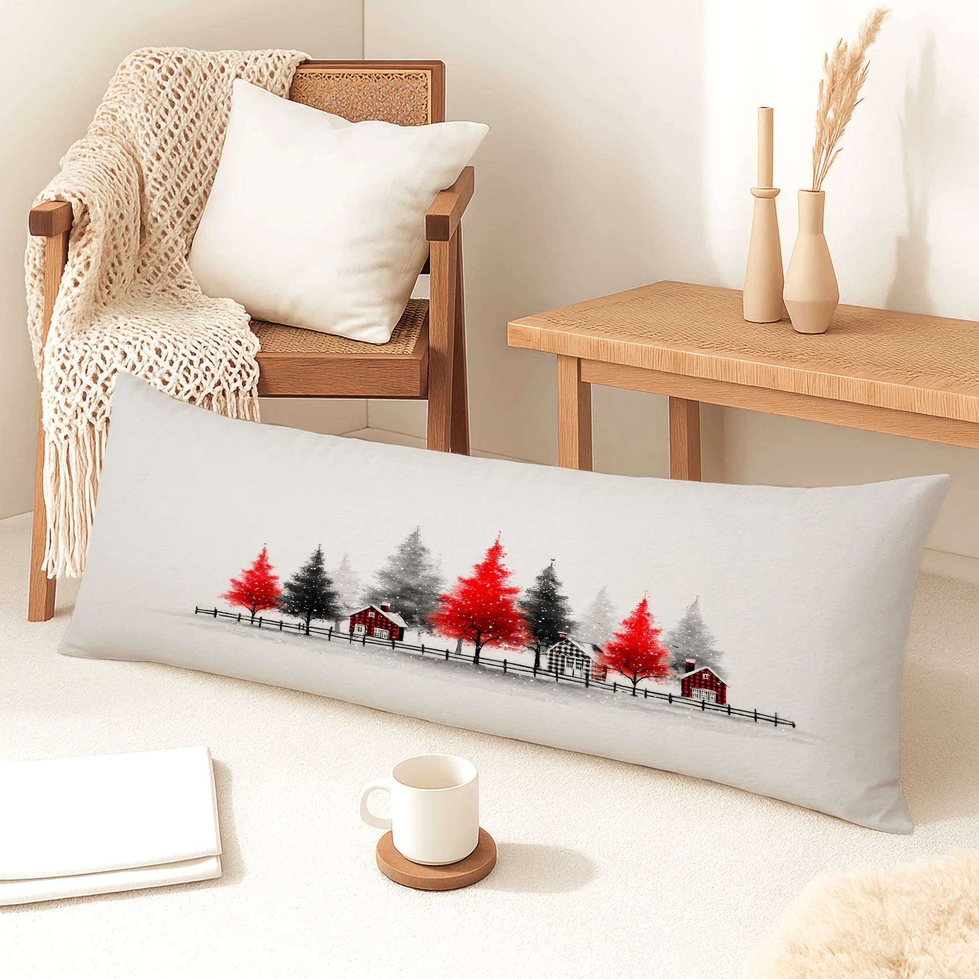 1pc Winter Pine Tree & Snowflake Body Pillow Case Suitable for Bed, Couch, Sofa - Contemporary Zippered Cover, Machine Washable,