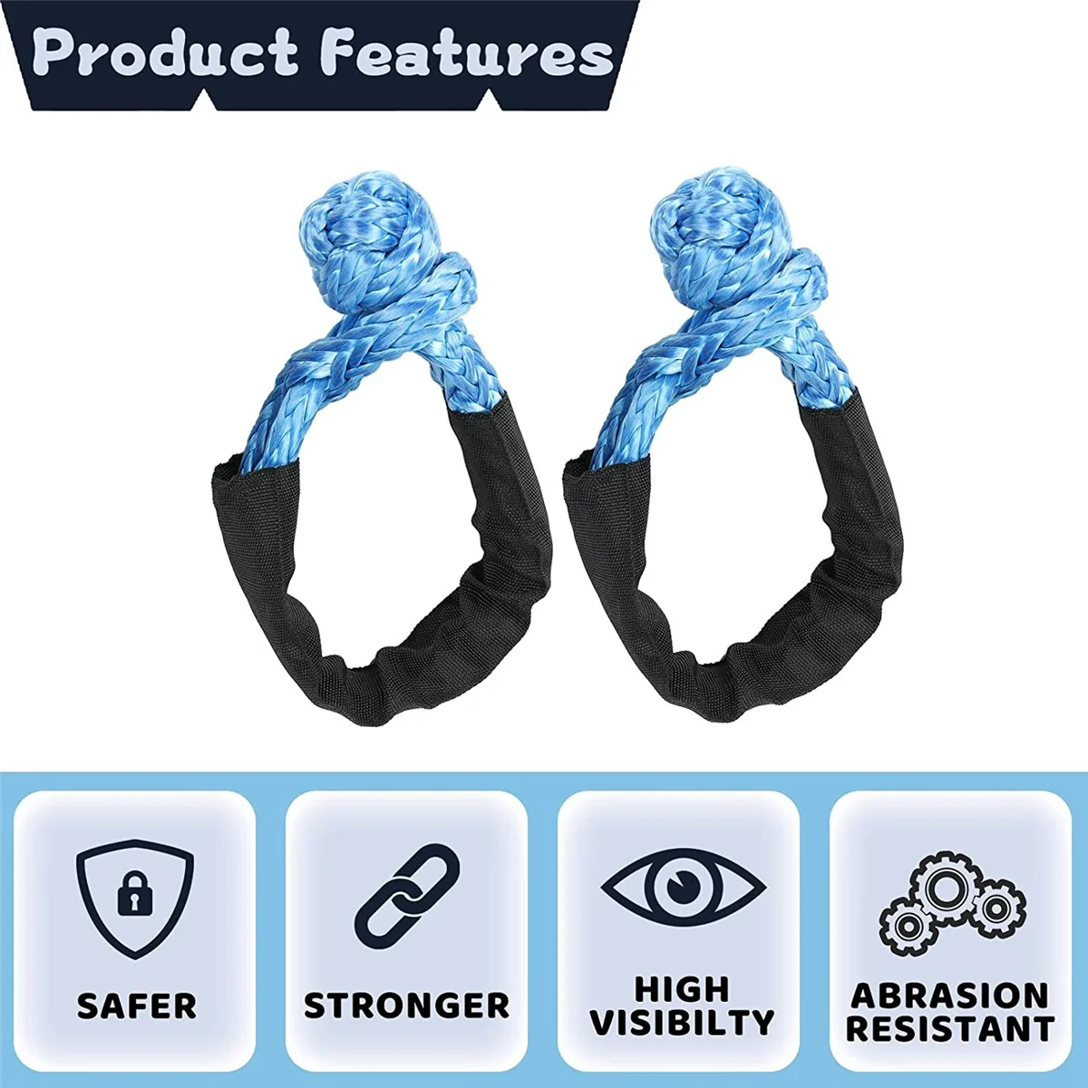 2PCS Blue 1/2Inch X 22Inch Soft Hook and Loop Rope Synthetic Traction Strap 43000LBS Breaking Power