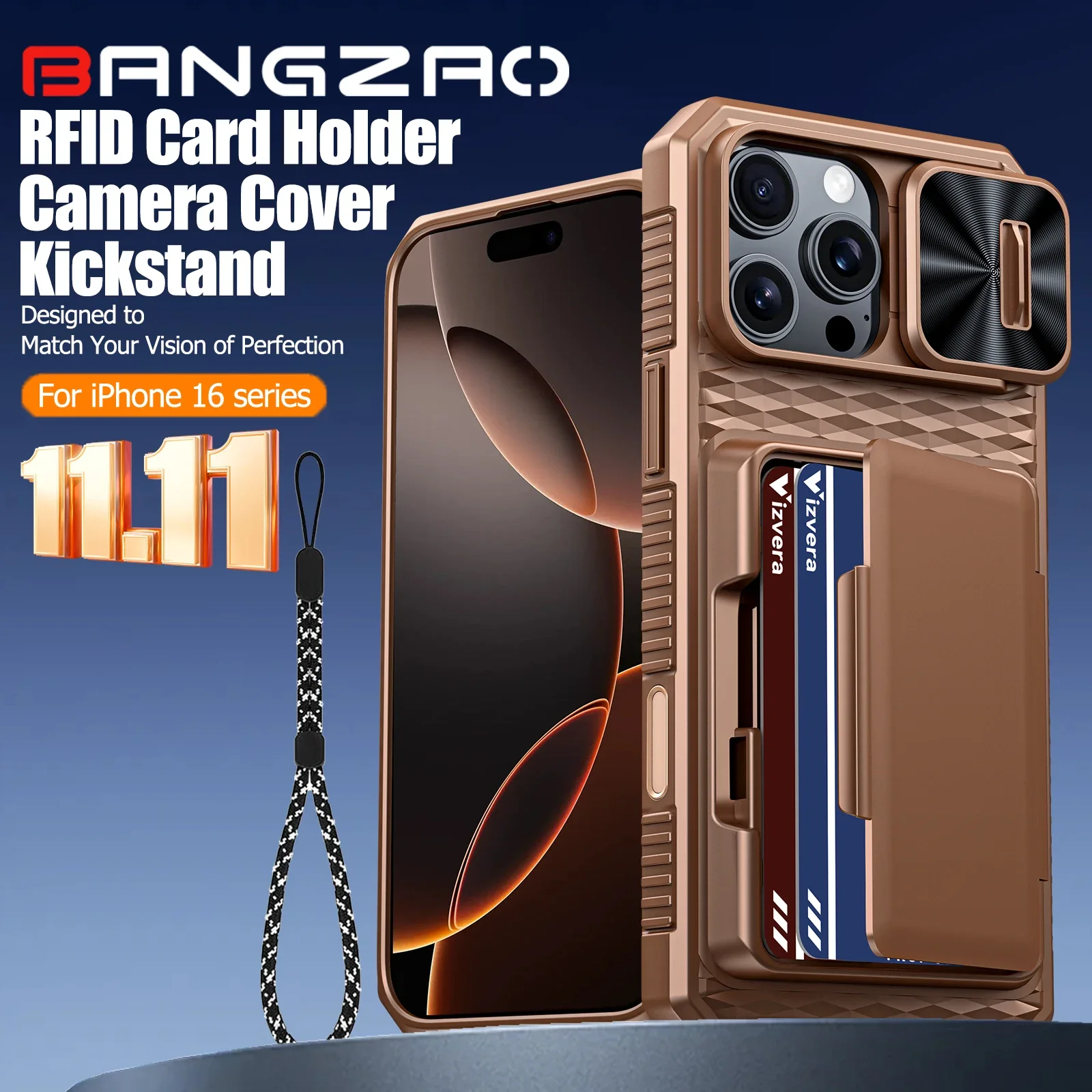 

Глобальный карнавальный фестиваль, чехол для iPhone 16 Pro Max, с крышкой камеры, прочный противоударный держатель для карт, защитный чехол для телефона - золото