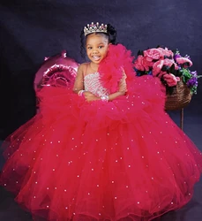 Red Flower Girl Dresses for Wedding Shining Sequins Crystal Ruffles Puffy Girl Kids Birthday Party First Holy Communion Gown