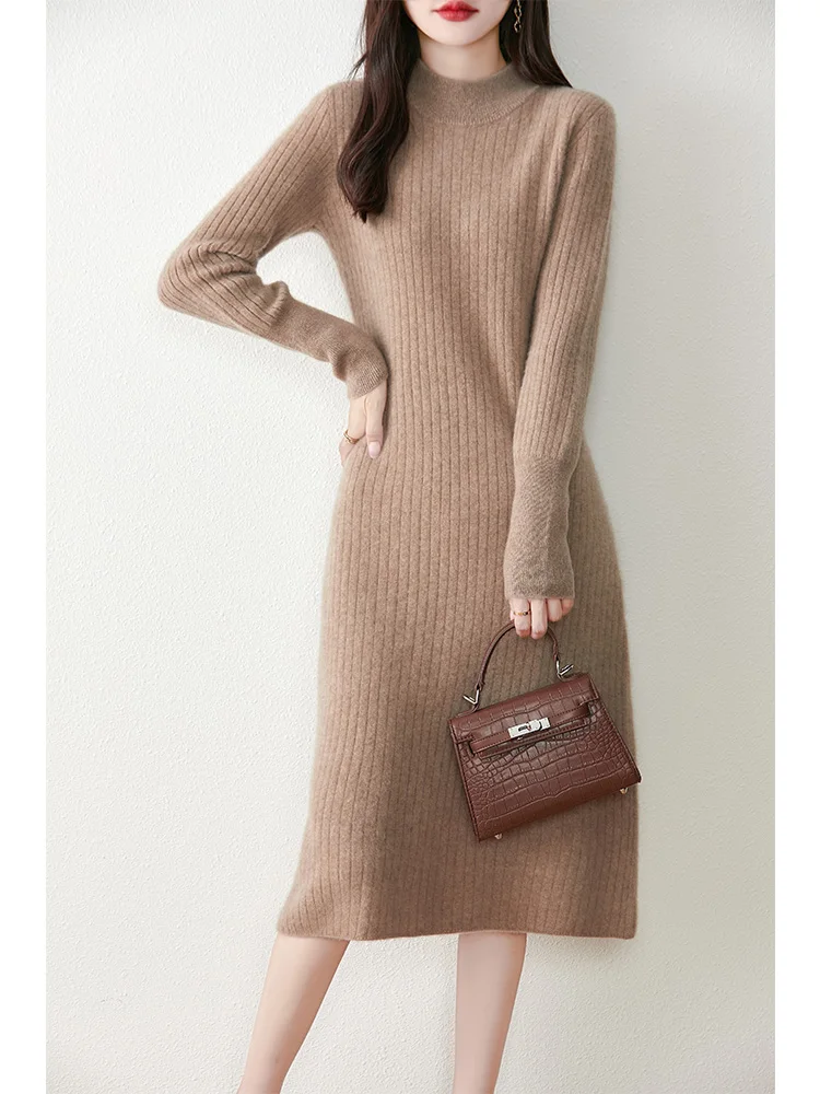 Autumn/Winter New 100% Pure Wool Dress Women's Half high neck Knitted Pullover Long Skirt Fashion Drawstring Straight Tube Skirt