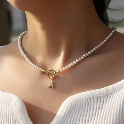 KMVEXO Zircon Crystal Initial A-Z Letter Pendant Necklace for Women Toggle Clasp Imitation Pearls Necklaces Wedding Jewelry Gift