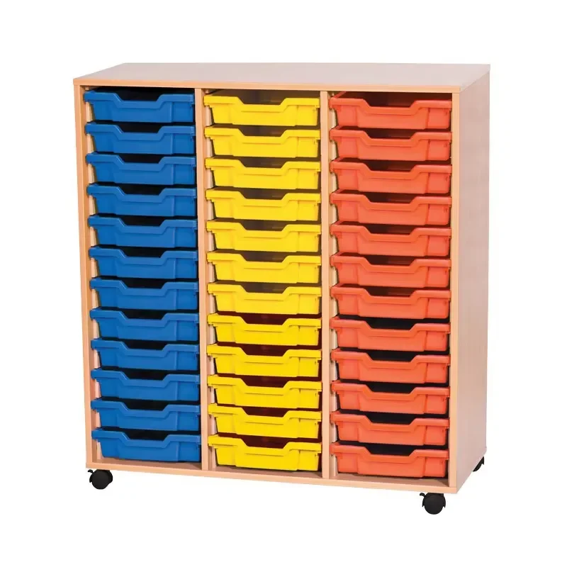 Modern Wooden Toy Storage Box With Wheels Three Row Design Durable Kids Organizer For Bedroom School Living Room High Quality