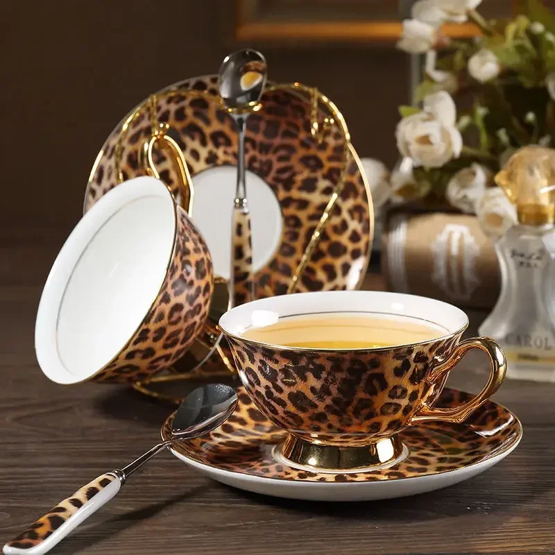 Ceramic Coffee Cup Leopard Print European Retro Coffee Cup with Spoon High-end Ceramic Coffee Cup and Plate Set for Home Use