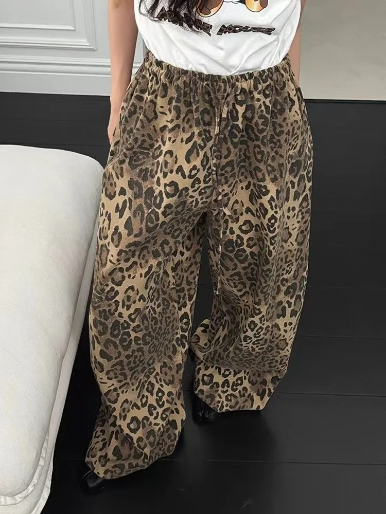Tiger-Print-Freizeithose für Damen, Vintage-Stil, String, elastische Taille, lockeres, weites Bein, Fleischbedeckung, schlanke, gerade, bodenlange Hose