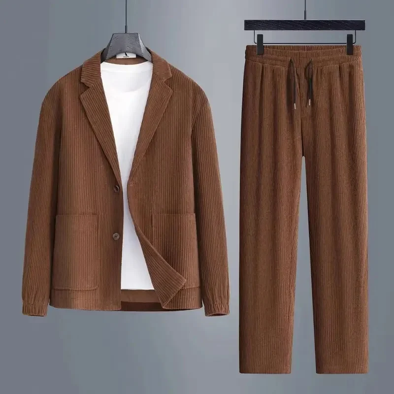 Men's Corduroy 2 Piece Suit Set Dark Gray Lapel Two‑Button Blazer Jacket + Drawstring Straight Leg Pants Casual Business Co‑ord