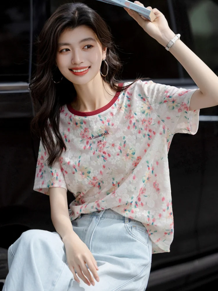 

Летняя футболка свободного кроя с круглым вырезом и коротким рукавом, дышащая, контрастных цветов, в корейском стиле, с принтом, повседневная.