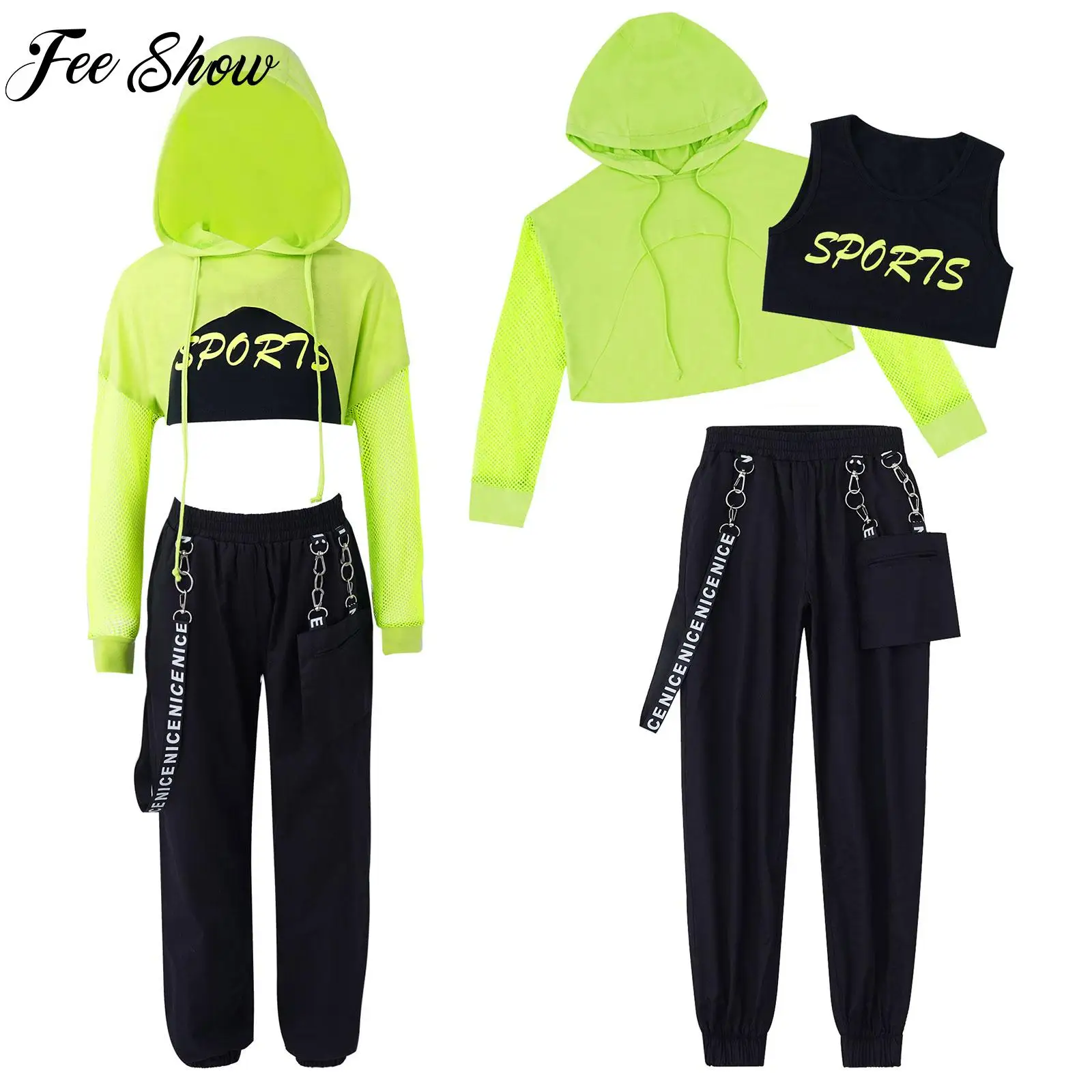 Criança meninas jazz moderno hip hop dança outfit 3 pçs com capuz mangas compridas net cobrir topos + colete calça desempenho dancewear roupas esportivas