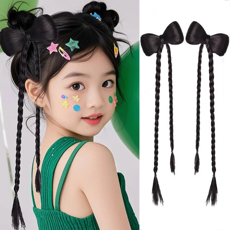 Trenza de peluca para niños, un par de cabeza de bola con nudo de lazo, peluca trenzada Fried Dough Twists, lindo, lindo, cola de caballo doble