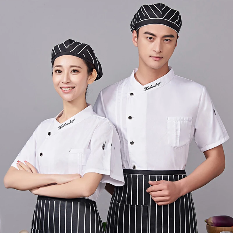 Restaurant Kitchen Jacket Men's Short-Sleeved Cook Suit Summer Female Chef's Uniform Hotel Waiter Workwear Apron Hat 3 Piece Set